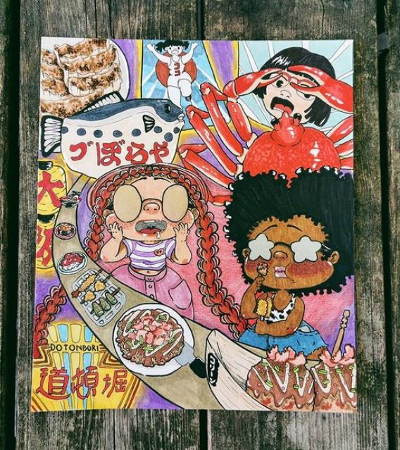 illustration of 2 girls enjoying street food in Osaka