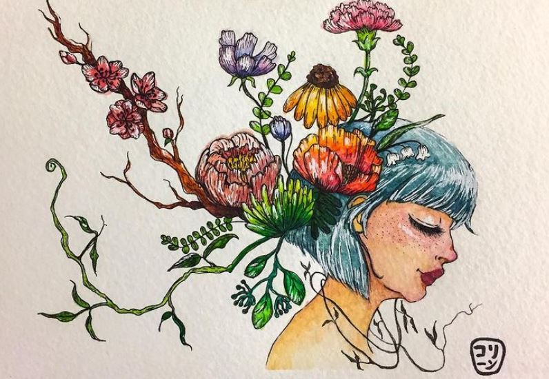 illustration of a girl with flowers on her hair